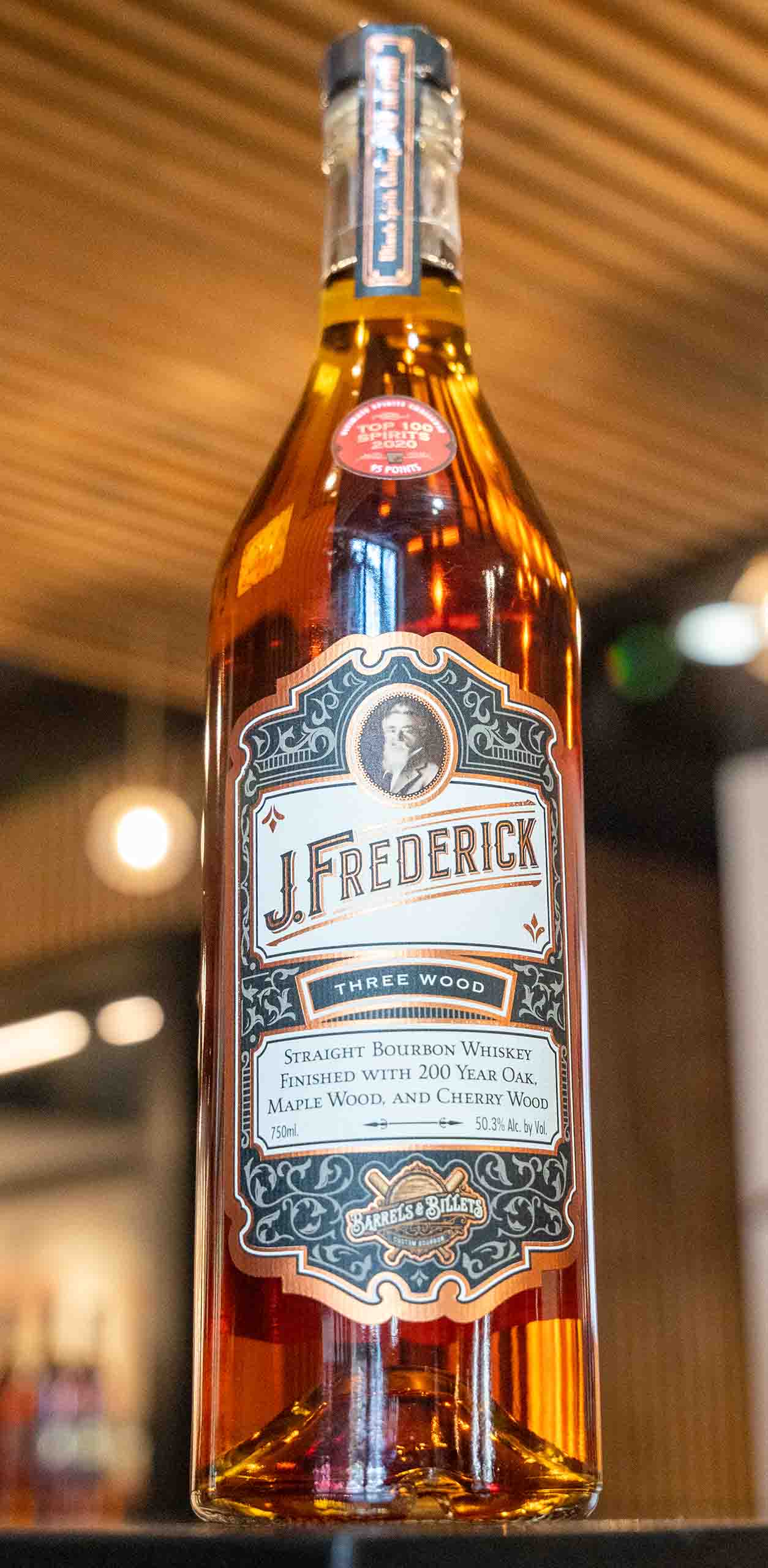 A bottle of our highly rated J. Frederick bourbon, which received 95 points at the 2020 Ultimate Spirits Challenge.